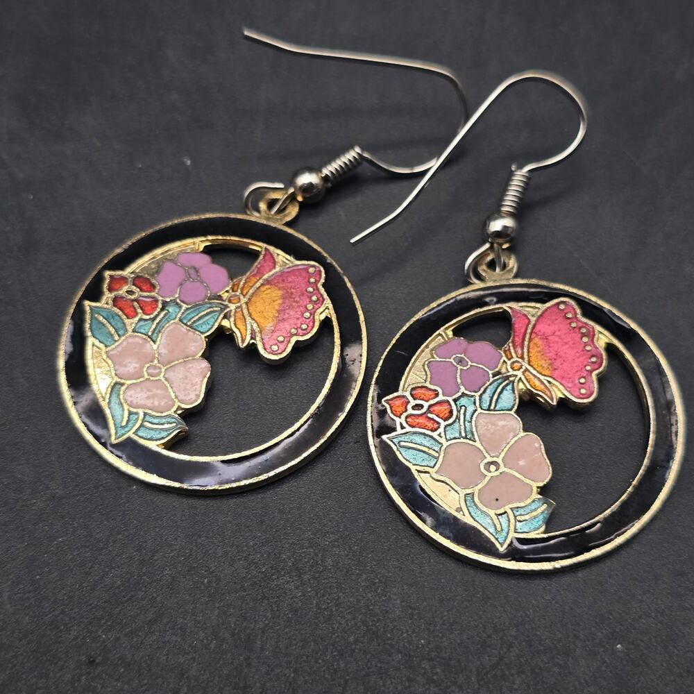 Cloisonne Flower Butterfly Earrings Pierced Round Vintage Enamel